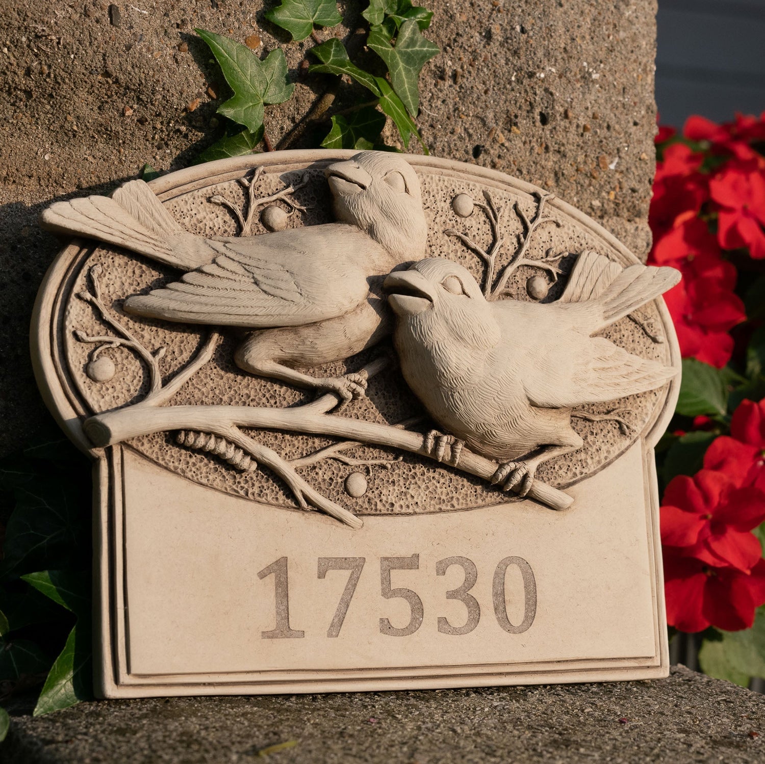 Handcrafted stone bird plaque with two songbirds and custom engraved address number by Carruth Studio